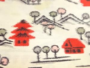 アンティーク　遠山に屋敷風景模様織出し銘仙着物洗い張り